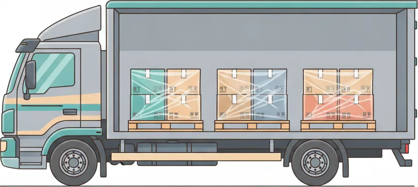 Comic-Illustration: Transporter mit mehreren stretchfolierten Paletten in unterschiedlichen Farben – jede Palette steht für einen Kunden – auf der Strecke Berlin–Ingolstadt