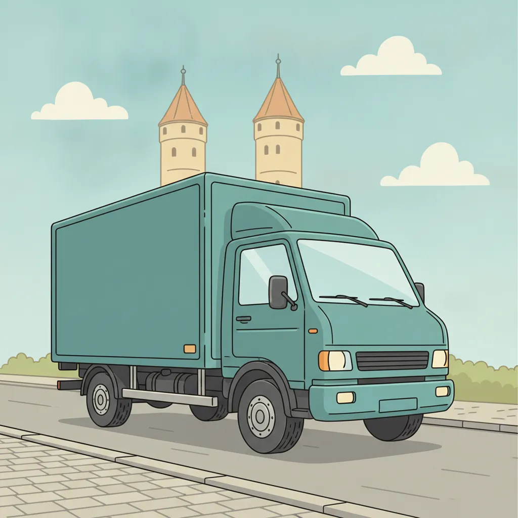 Comic-Illustration: geschlossener Umzugstransporter erreicht Ingolstadt – Beiladung von Berlin nach Ingolstadt