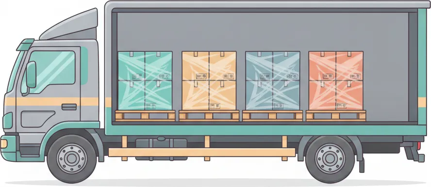 Comic-Illustration: Transporter mit mehreren stretchfolierten Paletten in unterschiedlichen Farben – jede Palette steht für einen Kunden – auf der Strecke Berlin–Jena