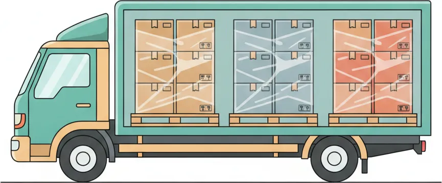 Comic-Illustration: Transporter mit mehreren stretchfolierten Paletten in unterschiedlichen Farben – jede Palette steht für einen Kunden – auf der Strecke Berlin–Karlsruhe