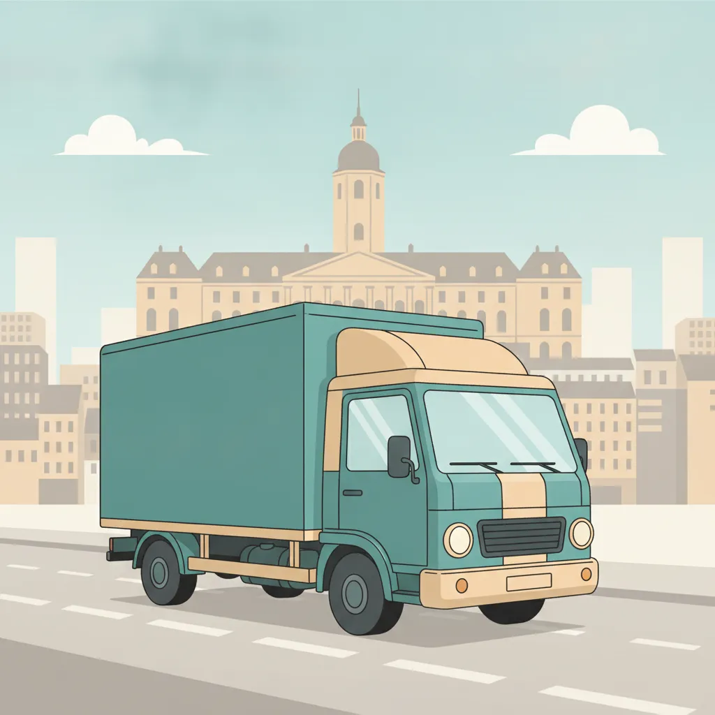 Comic-Illustration: geschlossener Umzugstransporter erreicht Karlsruhe – Beiladung von Berlin nach Karlsruhe