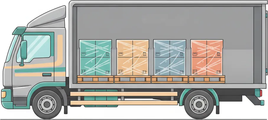 Comic-Illustration: Transporter mit mehreren stretchfolierten Paletten in unterschiedlichen Farben – jede Palette steht für einen Kunden – auf der Strecke Berlin–Kassel