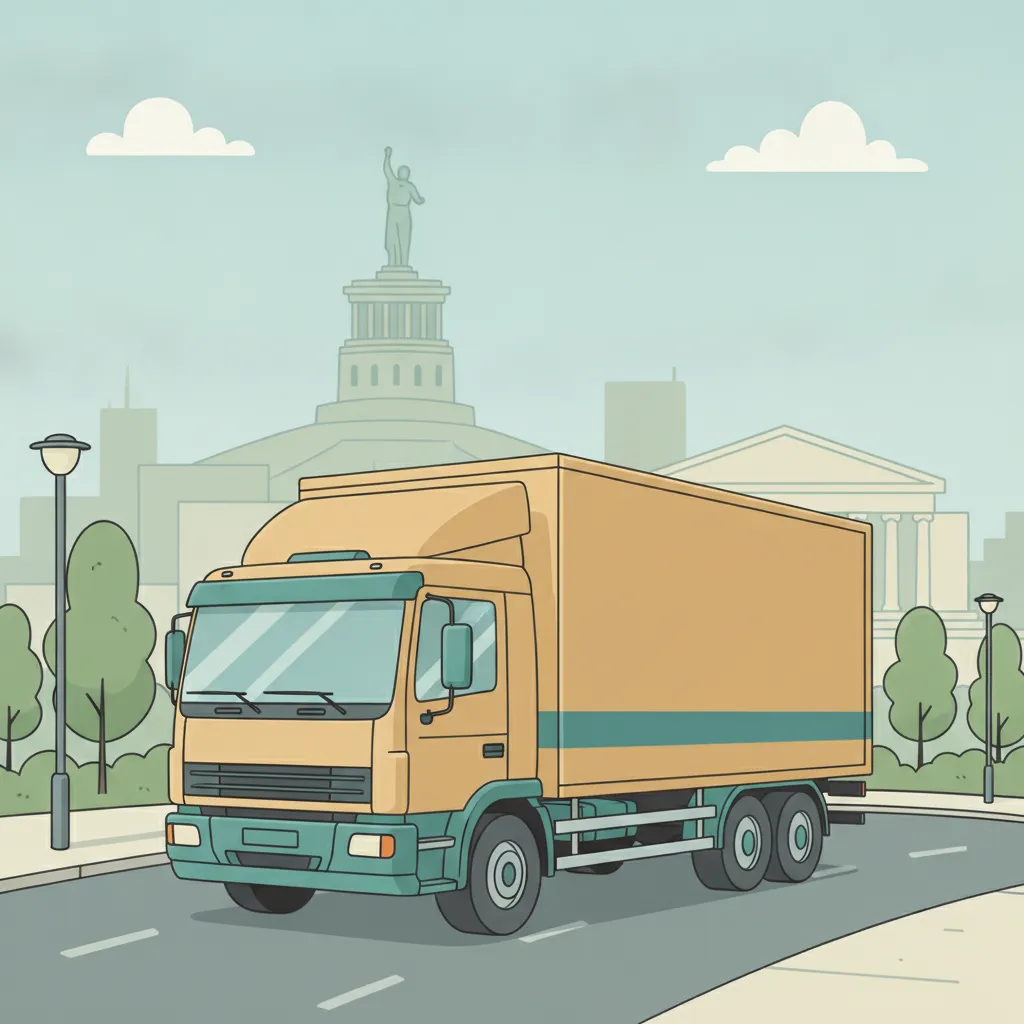 Comic-Illustration: geschlossener Umzugstransporter erreicht Kassel – Beiladung von Berlin nach Kassel