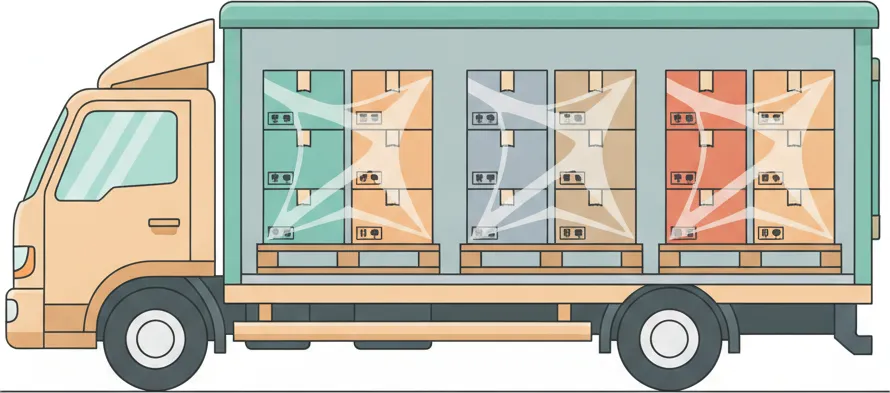 Comic-Illustration: Transporter mit mehreren stretchfolierten Paletten in unterschiedlichen Farben – jede Palette steht für einen Kunden – auf der Strecke Berlin–Kiel
