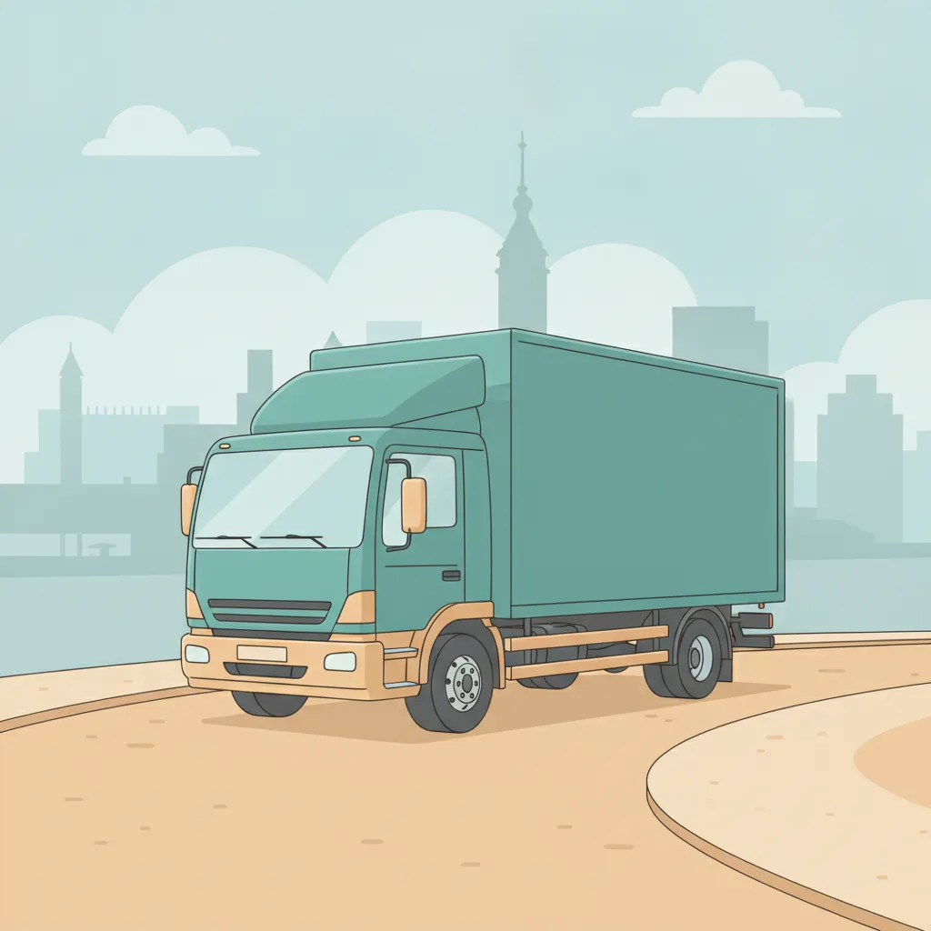 Comic-Illustration: geschlossener Umzugstransporter erreicht Kiel – Beiladung von Berlin nach Kiel