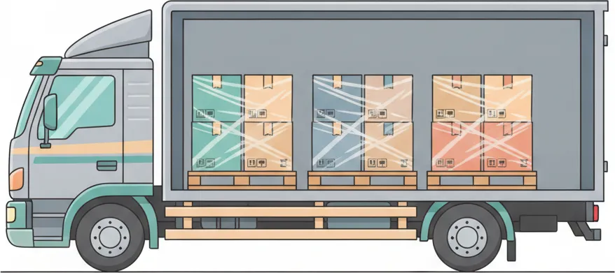 Comic-Illustration: Transporter mit mehreren stretchfolierten Paletten in unterschiedlichen Farben – jede Palette steht für einen Kunden – auf der Strecke Berlin–Koblenz