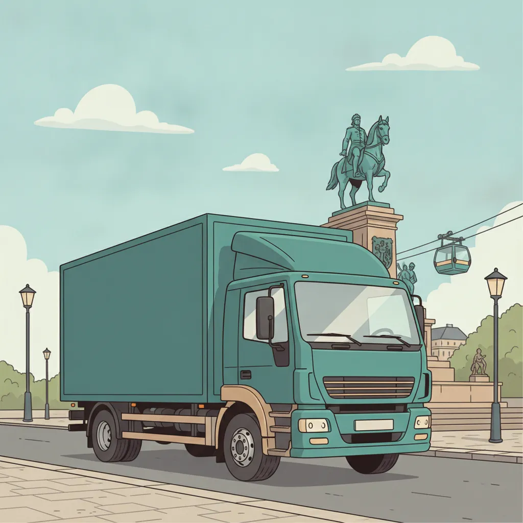 Comic-Illustration: geschlossener Umzugstransporter erreicht Koblenz – Beiladung von Berlin nach Koblenz