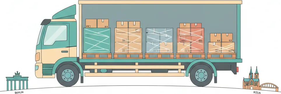 Comic-Illustration: Transporter mit mehreren stretchfolierten Paletten in unterschiedlichen Farben – jede Palette steht für einen Kunden – auf der Strecke Berlin–Köln