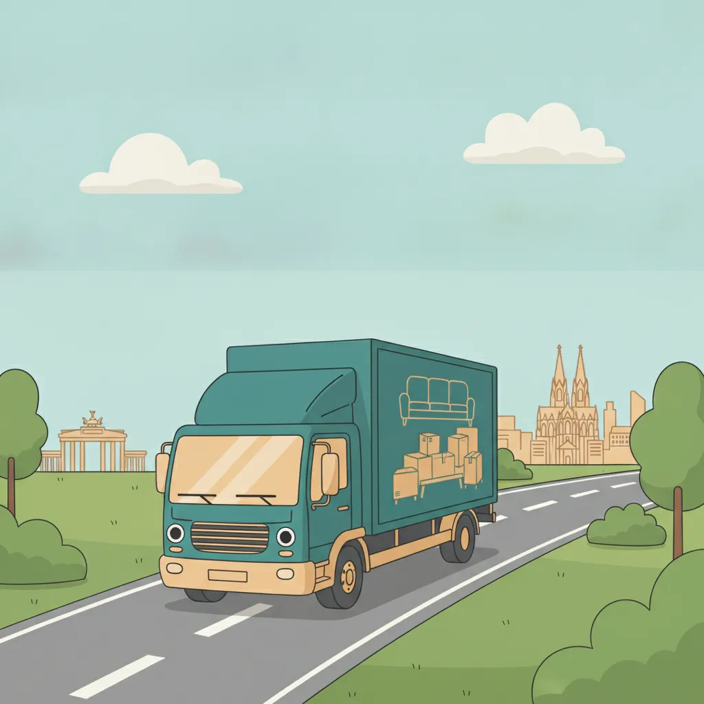 Comic-Illustration: Umzugstransporter unterwegs auf der Autobahn von Berlin nach Köln