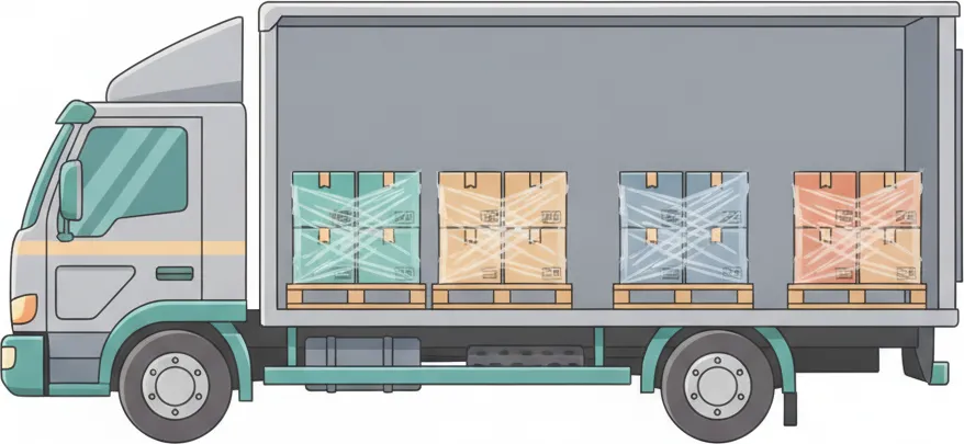 Comic-Illustration: Transporter mit mehreren stretchfolierten Paletten in unterschiedlichen Farben – jede Palette steht für einen Kunden – auf der Strecke Berlin–Krefeld