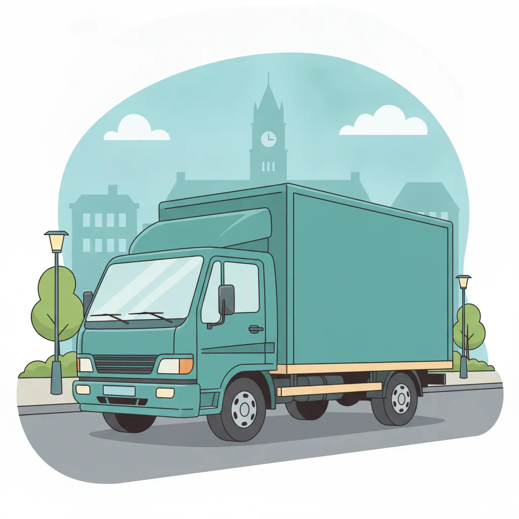 Comic-Illustration: geschlossener Umzugstransporter erreicht Krefeld – Beiladung von Berlin nach Krefeld