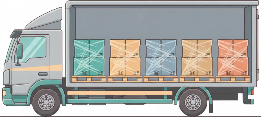 Comic-Illustration: Transporter mit mehreren stretchfolierten Paletten in unterschiedlichen Farben – jede Palette steht für einen Kunden – auf der Strecke Berlin–Leipzig
