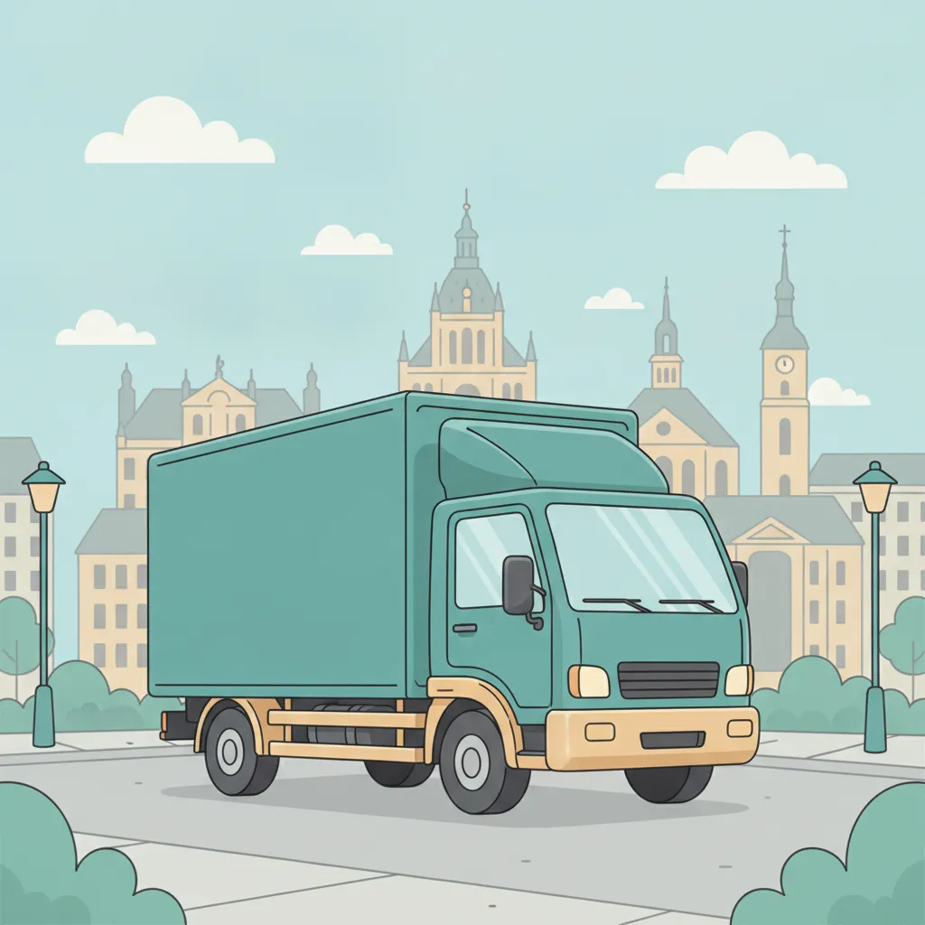 Comic-Illustration: geschlossener Umzugstransporter erreicht Leipzig – Beiladung von Berlin nach Leipzig