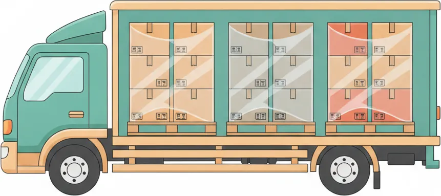 Comic-Illustration: Transporter mit mehreren stretchfolierten Paletten in unterschiedlichen Farben – jede Palette steht für einen Kunden – auf der Strecke Berlin–Lübeck