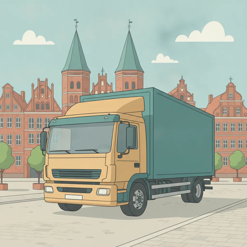 Comic-Illustration: geschlossener Umzugstransporter erreicht Lübeck – Beiladung von Berlin nach Lübeck