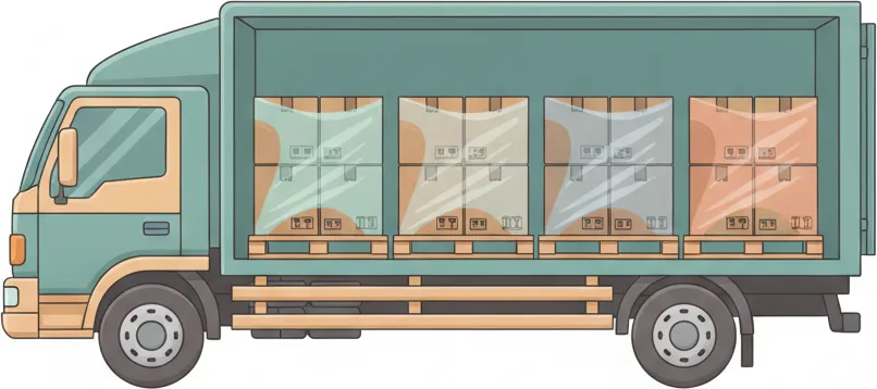 Comic-Illustration: Transporter mit mehreren stretchfolierten Paletten in unterschiedlichen Farben – jede Palette steht für einen Kunden – auf der Strecke Berlin–Magdeburg