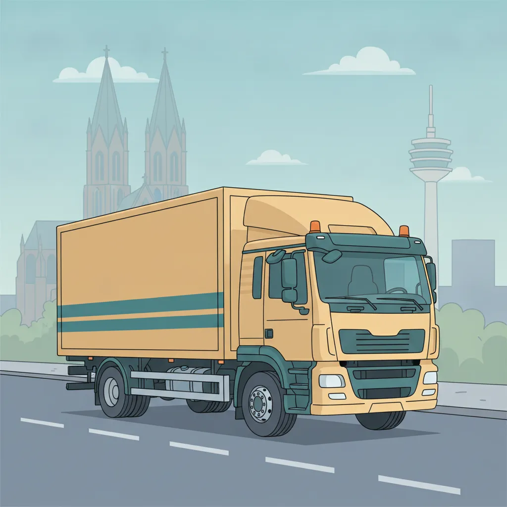 Comic-Illustration: geschlossener Umzugstransporter erreicht Magdeburg – Beiladung von Berlin nach Magdeburg
