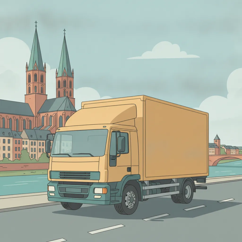 Comic-Illustration: geschlossener Umzugstransporter erreicht Mainz – Beiladung von Berlin nach Mainz
