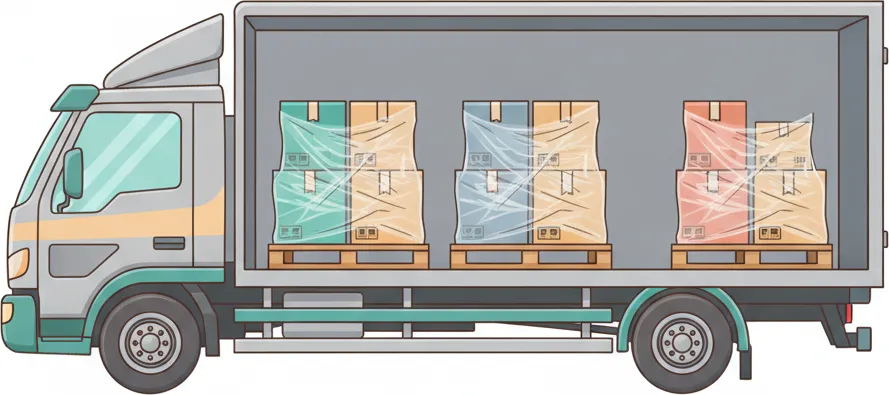 Comic-Illustration: Transporter mit mehreren stretchfolierten Paletten in unterschiedlichen Farben – jede Palette steht für einen Kunden – auf der Strecke Berlin–Mannheim