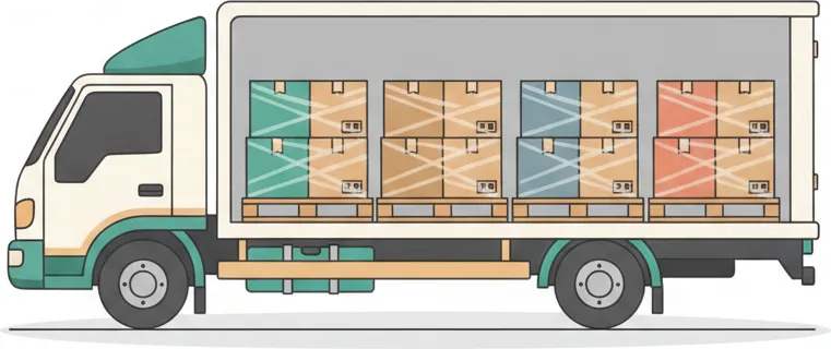 Comic-Illustration: Transporter mit mehreren stretchfolierten Paletten in unterschiedlichen Farben – jede Palette steht für einen Kunden – auf der Strecke Berlin–Mönchengladbach