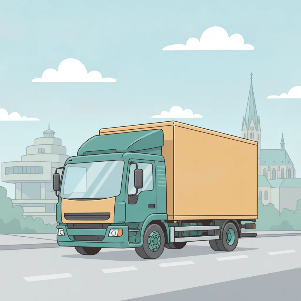 Comic-Illustration: geschlossener Umzugstransporter erreicht Mönchengladbach – Beiladung von Berlin nach Mönchengladbach