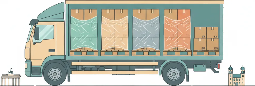 Comic-Illustration: Transporter mit mehreren stretchfolierten Paletten in unterschiedlichen Farben – jede Palette steht für einen Kunden – auf der Strecke Berlin–München