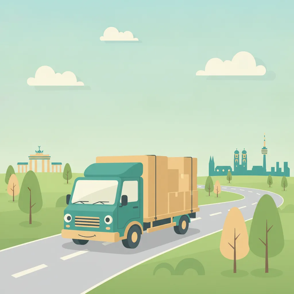 Comic-Illustration: Umzugstransporter unterwegs auf der Autobahn von Berlin nach München