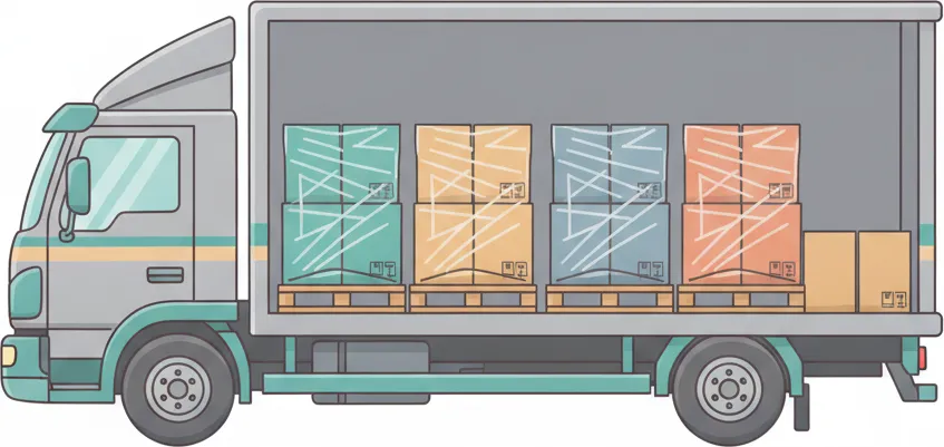 Comic-Illustration: Transporter mit mehreren stretchfolierten Paletten in unterschiedlichen Farben – jede Palette steht für einen Kunden – auf der Strecke Berlin–Münster