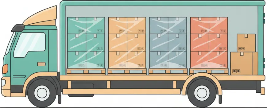 Comic-Illustration: Transporter mit mehreren stretchfolierten Paletten in unterschiedlichen Farben – jede Palette steht für einen Kunden – auf der Strecke Berlin–Nürnberg