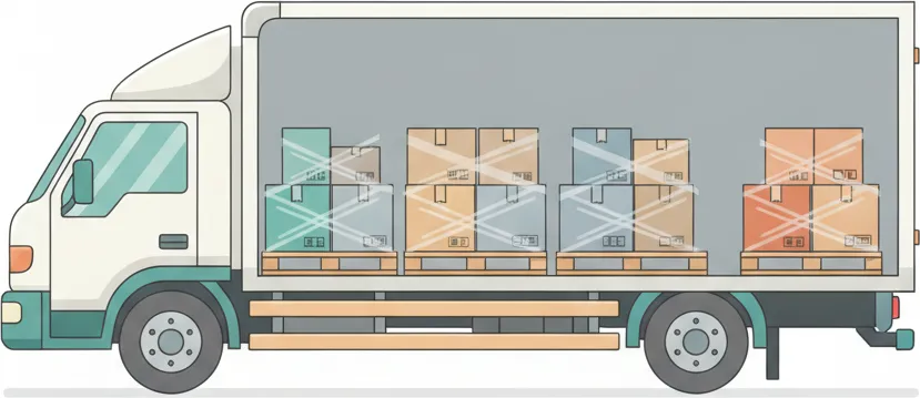 Comic-Illustration: Transporter mit mehreren stretchfolierten Paletten in unterschiedlichen Farben – jede Palette steht für einen Kunden – auf der Strecke Berlin–Oldenburg