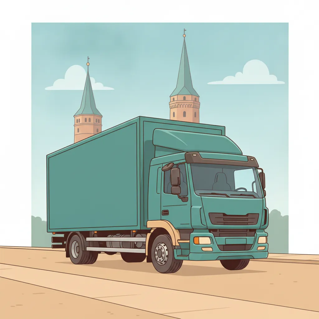 Comic-Illustration: geschlossener Umzugstransporter erreicht Oldenburg – Beiladung von Berlin nach Oldenburg