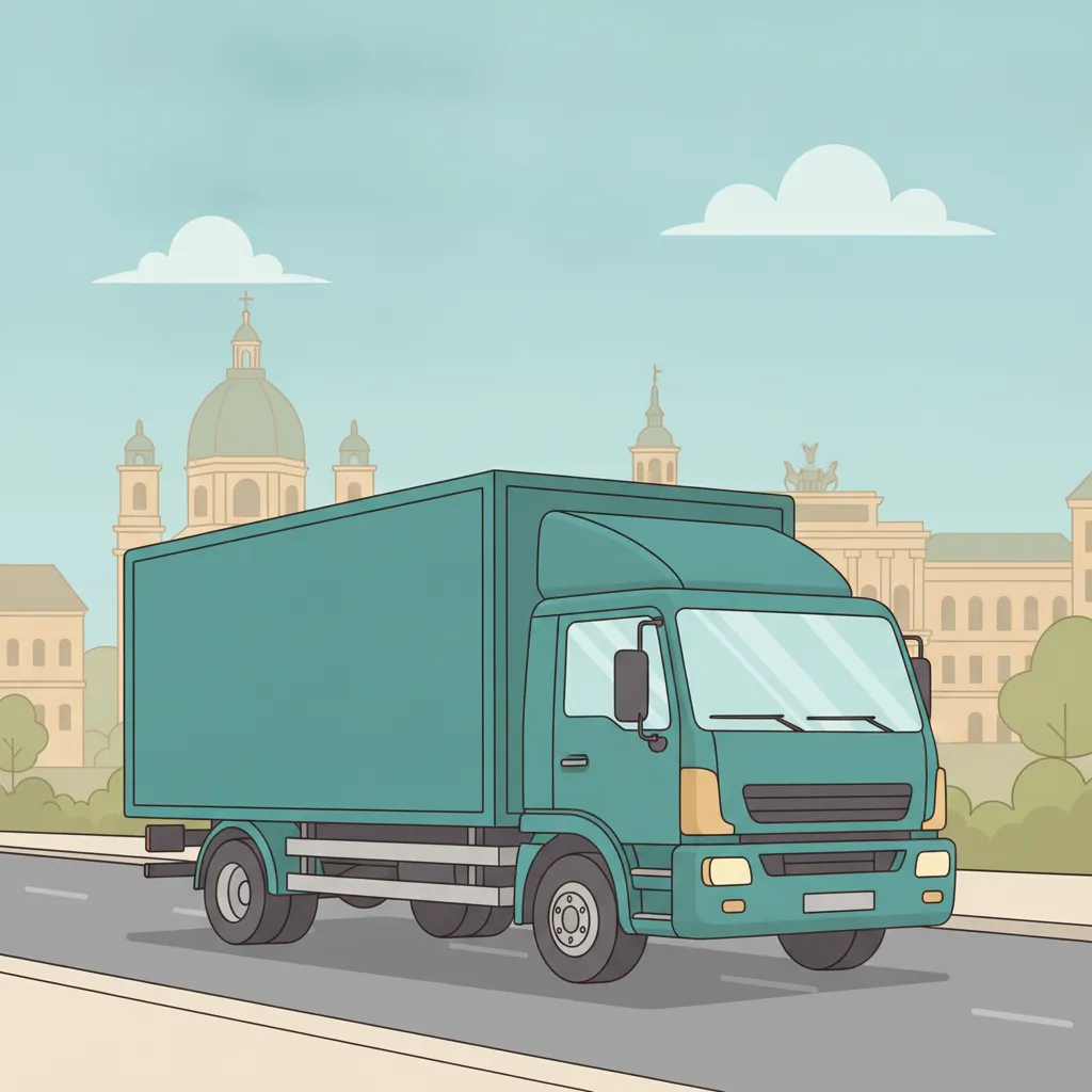 Comic-Illustration: geschlossener Umzugstransporter erreicht Potsdam – Beiladung von Berlin nach Potsdam