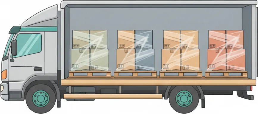 Comic-Illustration: Transporter mit mehreren stretchfolierten Paletten in unterschiedlichen Farben – jede Palette steht für einen Kunden – auf der Strecke Berlin–Regensburg
