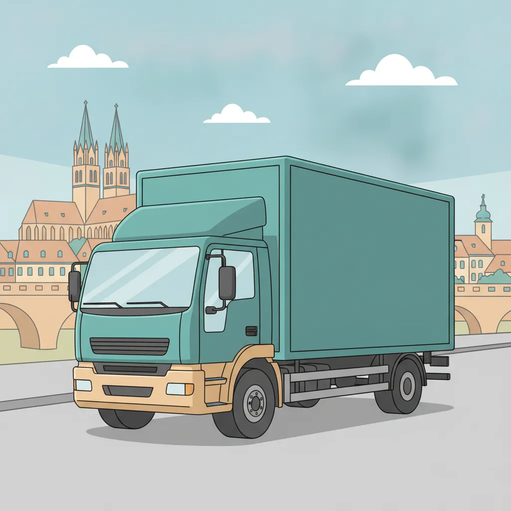 Comic-Illustration: geschlossener Umzugstransporter erreicht Regensburg – Beiladung von Berlin nach Regensburg