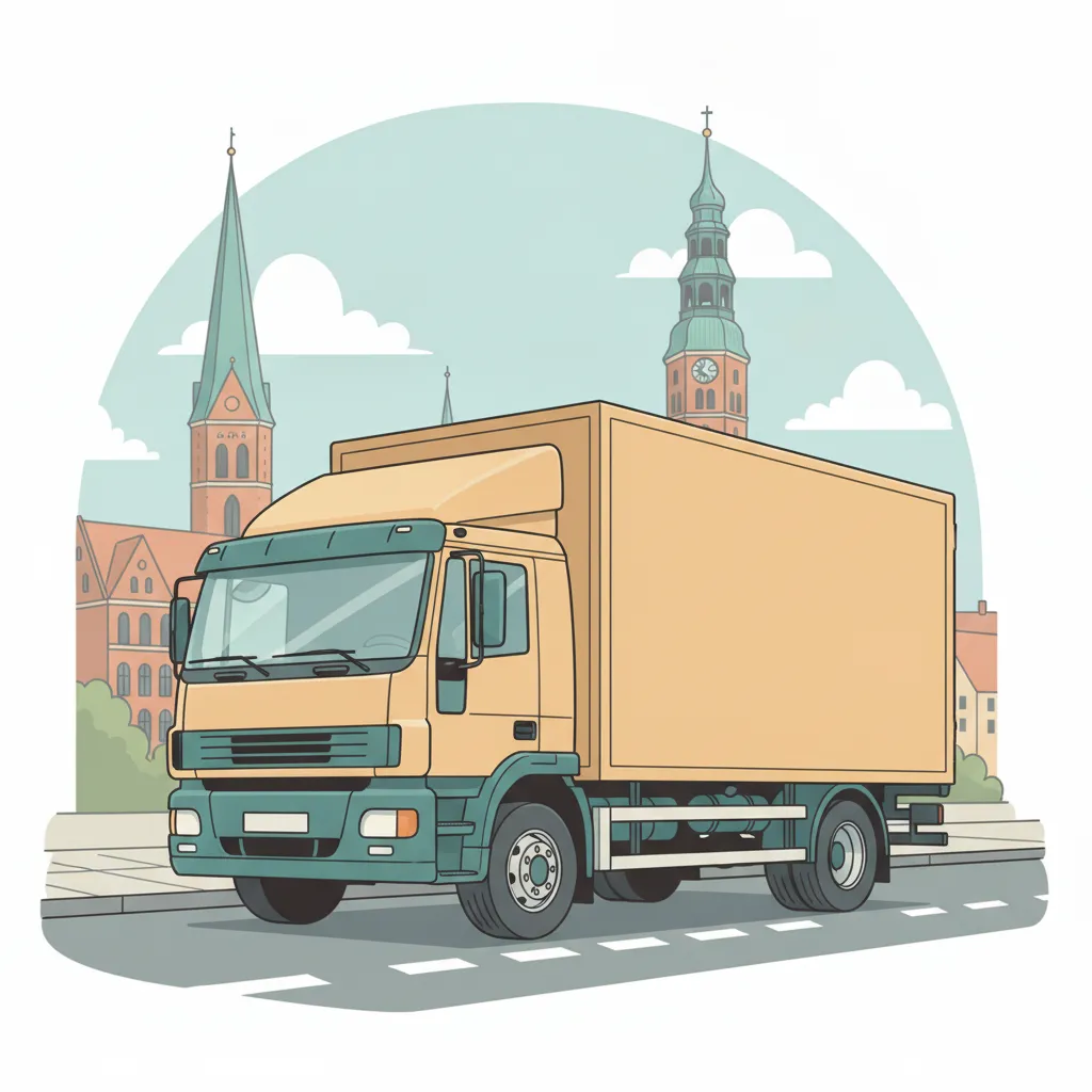 Comic-Illustration: geschlossener Umzugstransporter erreicht Rostock – Beiladung von Berlin nach Rostock