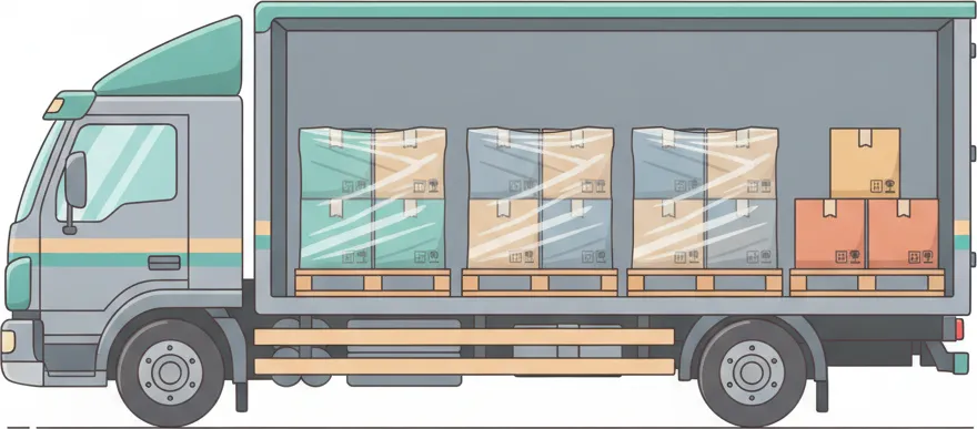 Comic-Illustration: Transporter mit mehreren stretchfolierten Paletten in unterschiedlichen Farben – jede Palette steht für einen Kunden – auf der Strecke Berlin–Saarbrücken