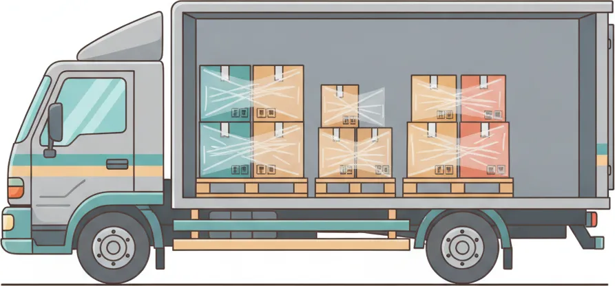Comic-Illustration: Transporter mit mehreren stretchfolierten Paletten in unterschiedlichen Farben – jede Palette steht für einen Kunden – auf der Strecke Berlin–Stuttgart