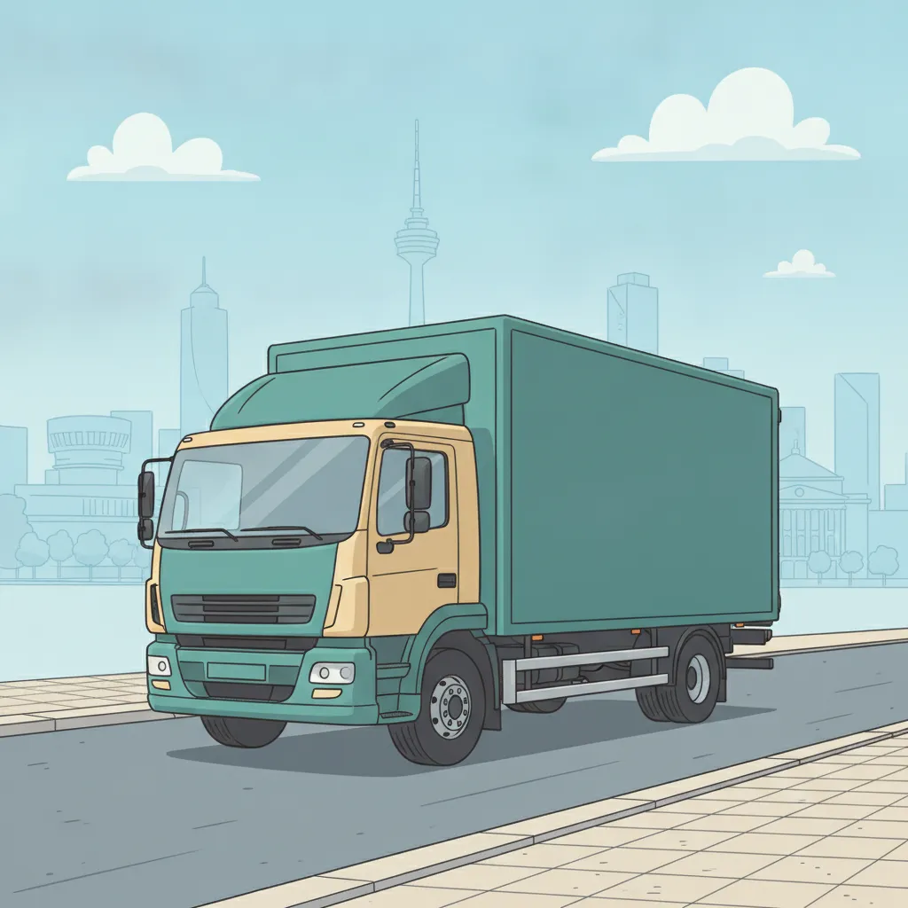 Comic-Illustration: geschlossener Umzugstransporter erreicht Stuttgart – Beiladung von Berlin nach Stuttgart
