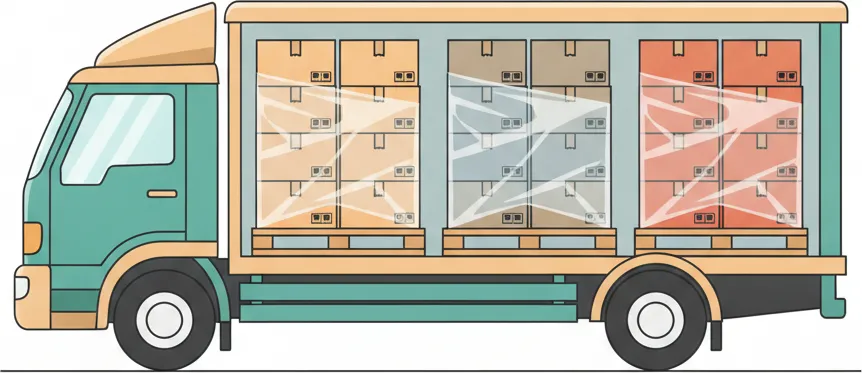Comic-Illustration: Transporter mit mehreren stretchfolierten Paletten in unterschiedlichen Farben – jede Palette steht für einen Kunden – auf der Strecke Berlin–Trier