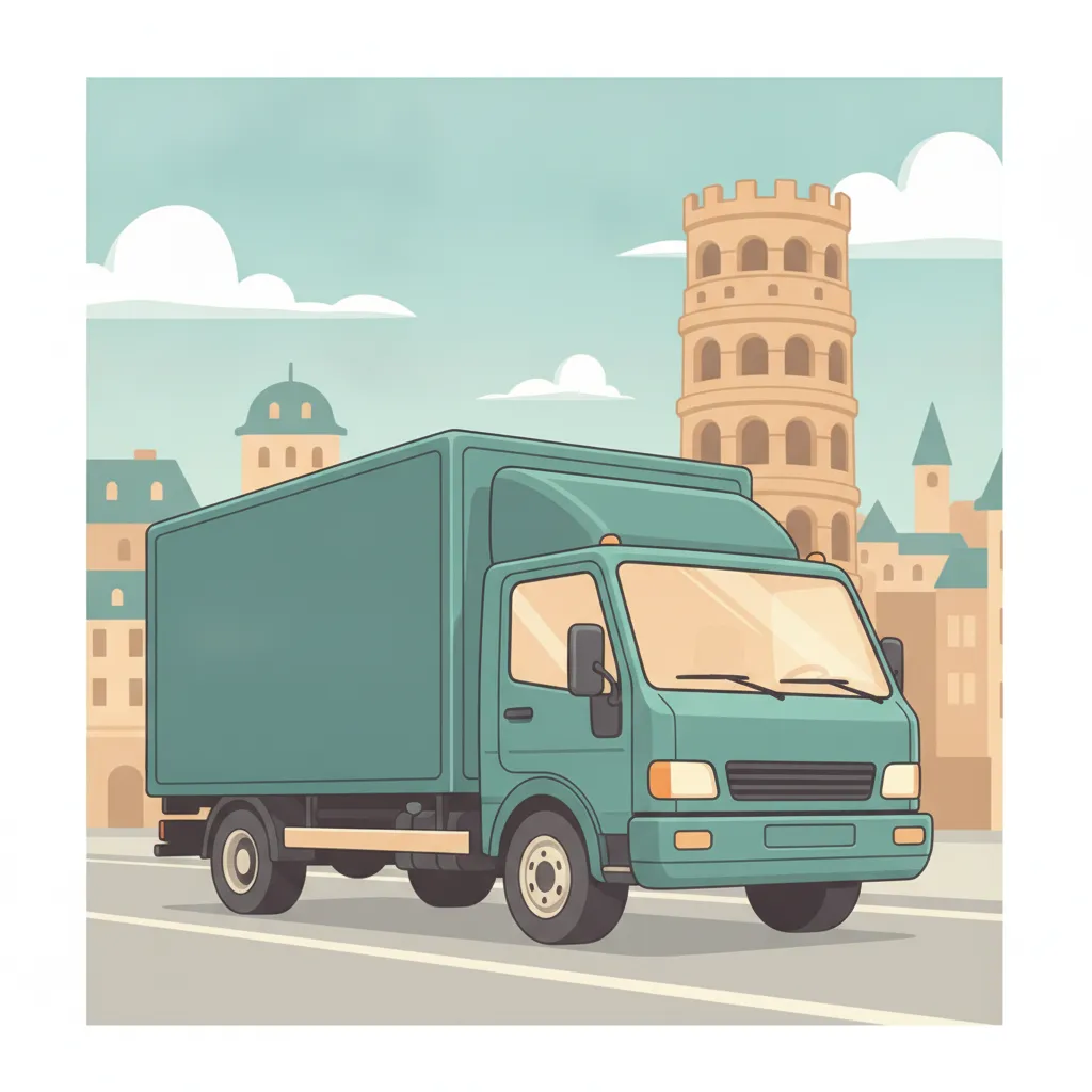 Comic-Illustration: geschlossener Umzugstransporter erreicht Trier – Beiladung von Berlin nach Trier