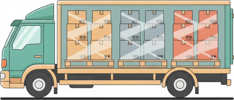 Comic-Illustration: Transporter mit mehreren stretchfolierten Paletten in unterschiedlichen Farben – jede Palette steht für einen Kunden – auf der Strecke Berlin–Ulm