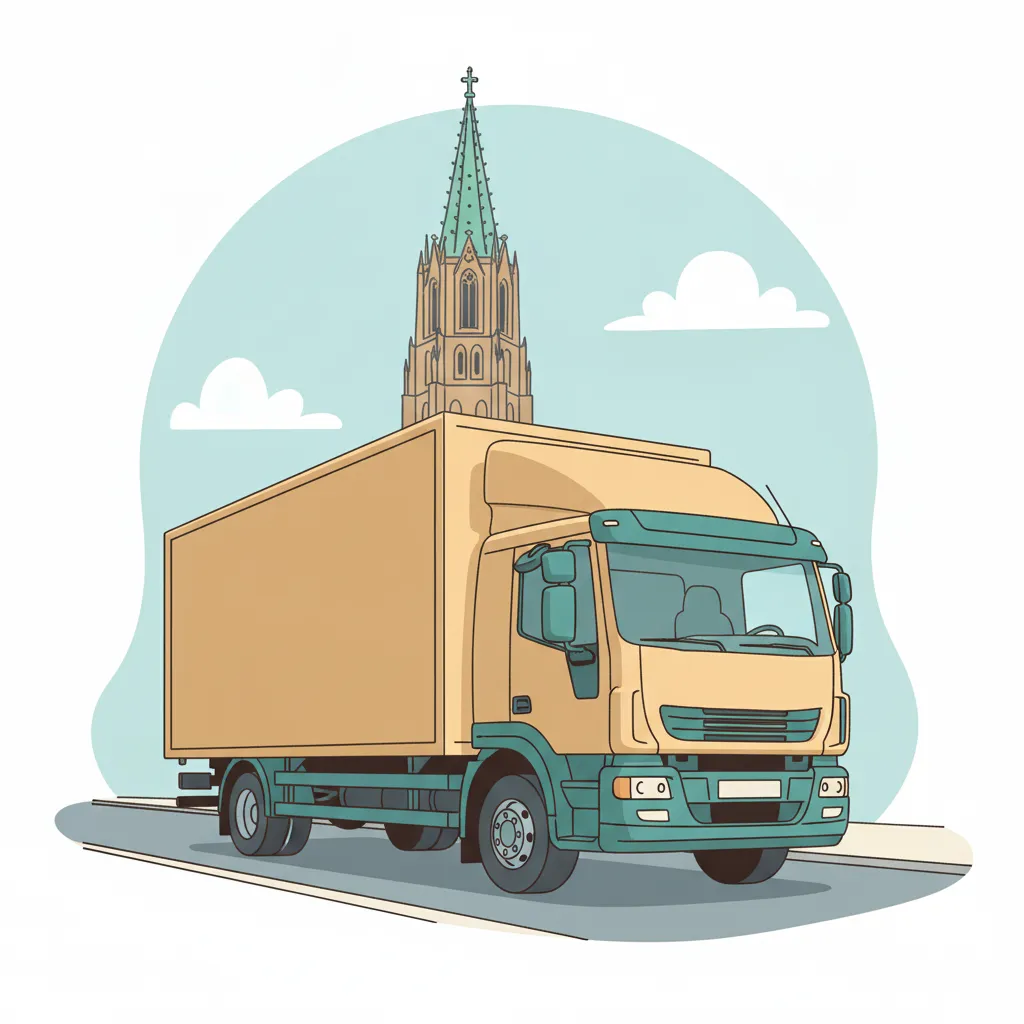Comic-Illustration: geschlossener Umzugstransporter erreicht Ulm – Beiladung von Berlin nach Ulm