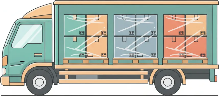 Comic-Illustration: Transporter mit mehreren stretchfolierten Paletten in unterschiedlichen Farben – jede Palette steht für einen Kunden – auf der Strecke Berlin–Wiesbaden