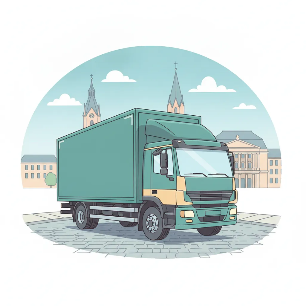 Comic-Illustration: geschlossener Umzugstransporter erreicht Wiesbaden – Beiladung von Berlin nach Wiesbaden