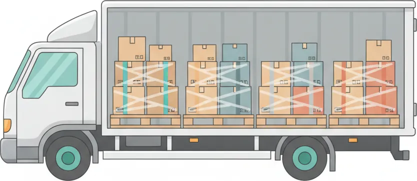 Comic-Illustration: Transporter mit mehreren stretchfolierten Paletten in unterschiedlichen Farben – jede Palette steht für einen Kunden – auf der Strecke Berlin–Wolfsburg