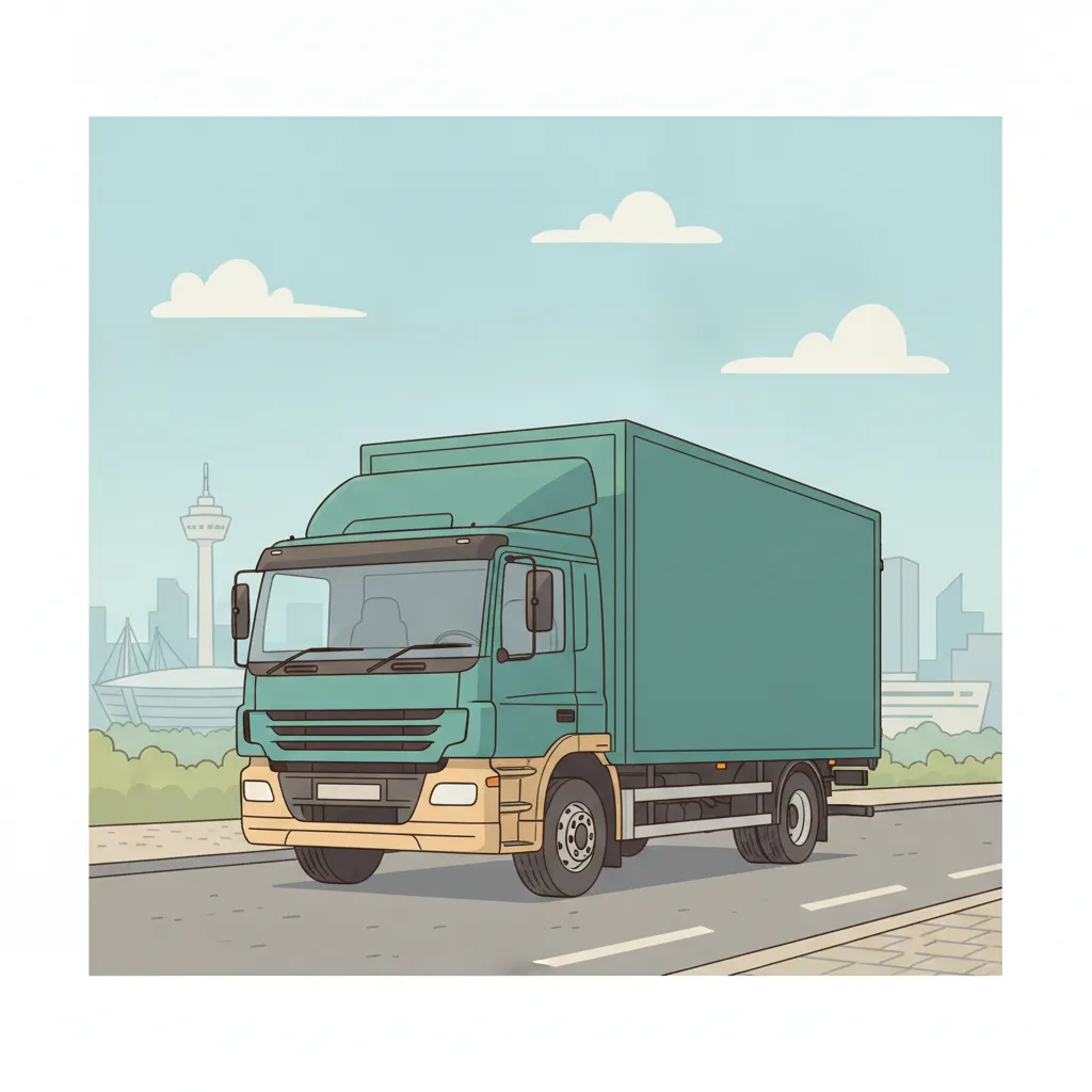 Comic-Illustration: geschlossener Umzugstransporter erreicht Wolfsburg – Beiladung von Berlin nach Wolfsburg