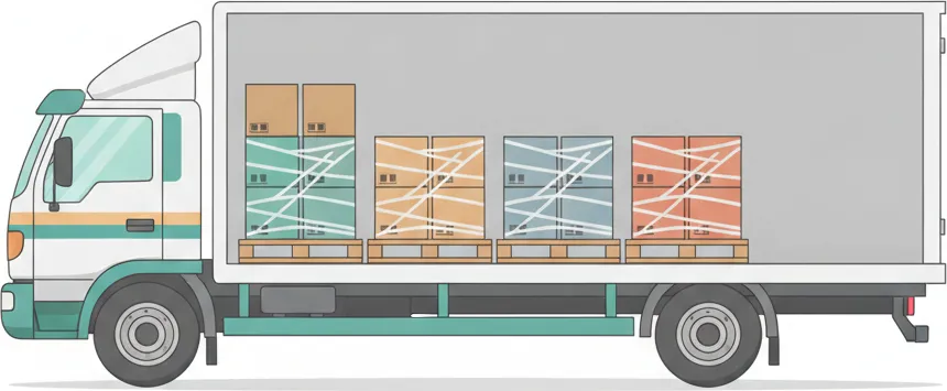 Comic-Illustration: Transporter mit mehreren stretchfolierten Paletten in unterschiedlichen Farben – jede Palette steht für einen Kunden – auf der Strecke Berlin–Würzburg