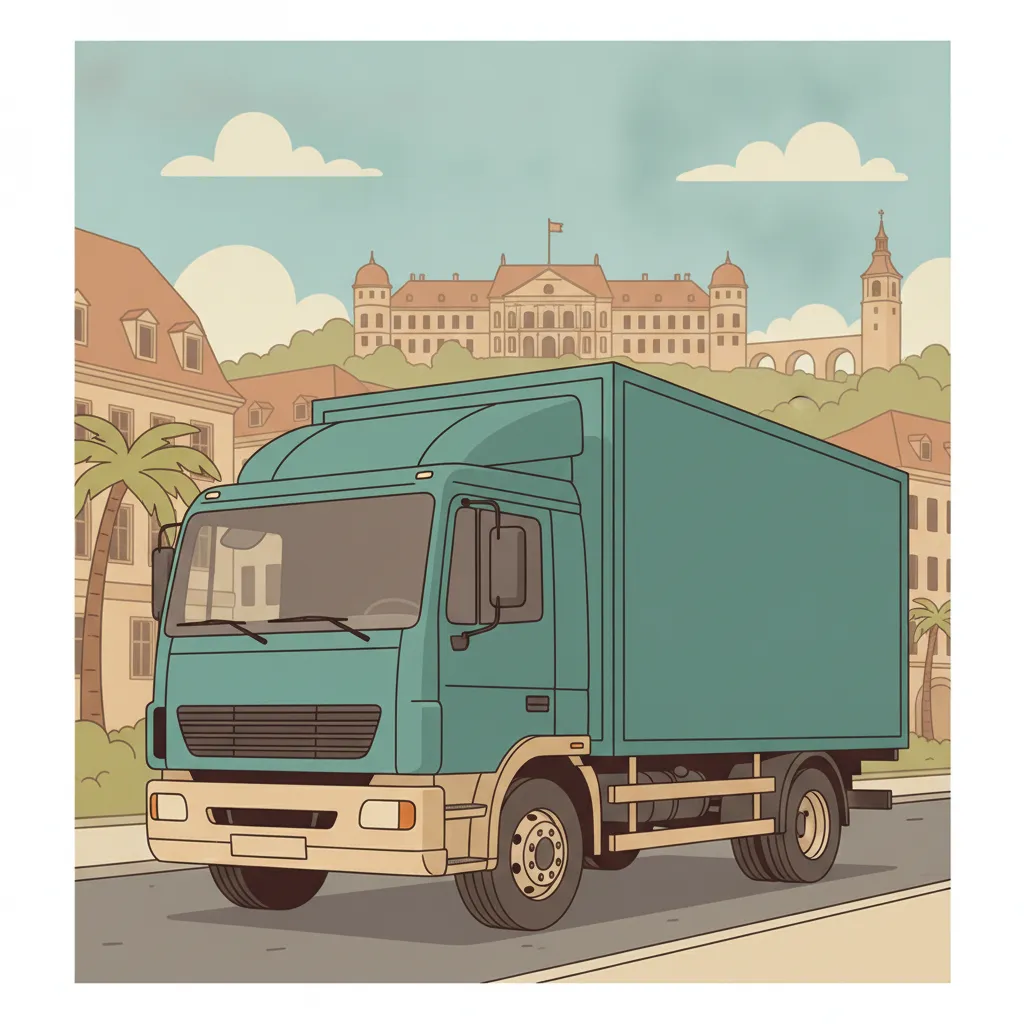 Comic-Illustration: geschlossener Umzugstransporter erreicht Würzburg – Beiladung von Berlin nach Würzburg