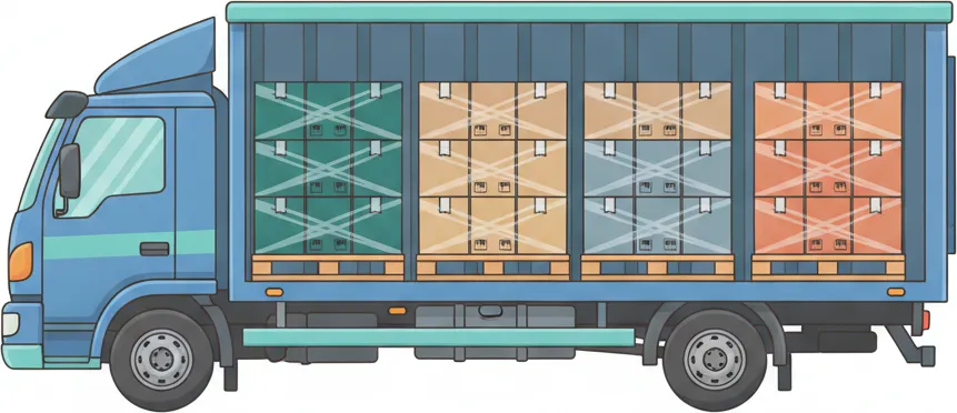 Comic-Illustration: Transporter mit mehreren stretchfolierten Paletten in unterschiedlichen Farben – jede Palette steht für einen Kunden – auf der Strecke Berlin–Wuppertal