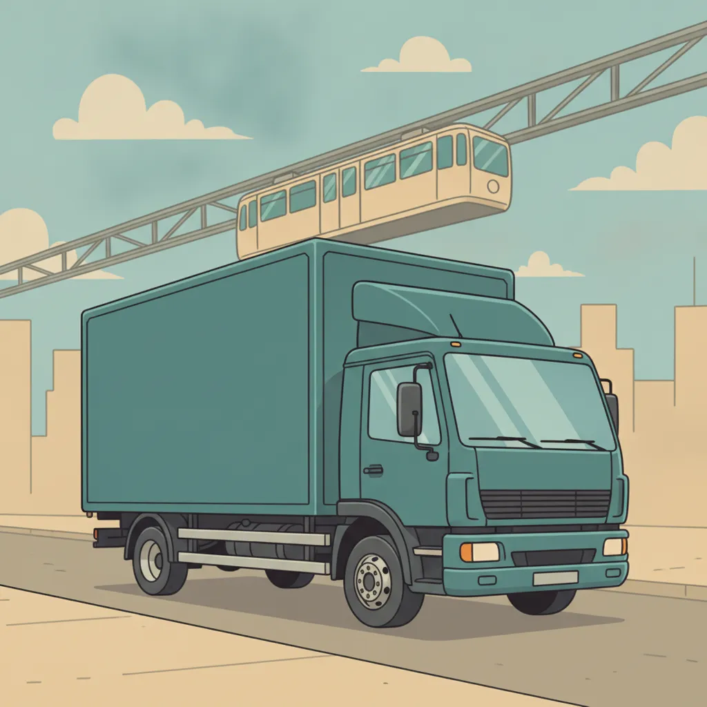 Comic-Illustration: geschlossener Umzugstransporter erreicht Wuppertal – Beiladung von Berlin nach Wuppertal
